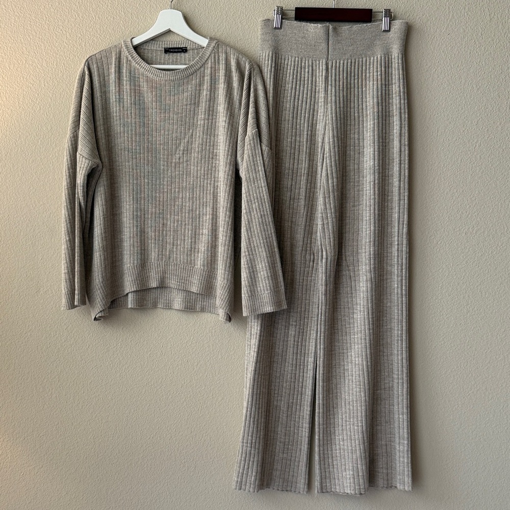 Trendyol Gray Ribbed Knit Sweater and Pants Set